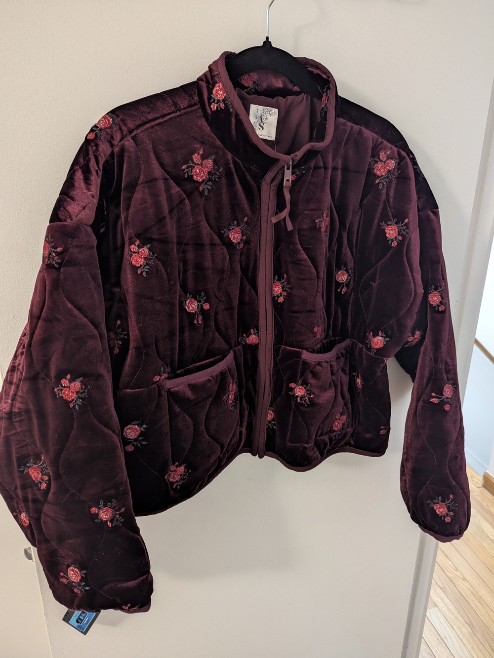 Altar'd State Burgundy Velvet Quilted Floral Jacket - Picture 7 of 8